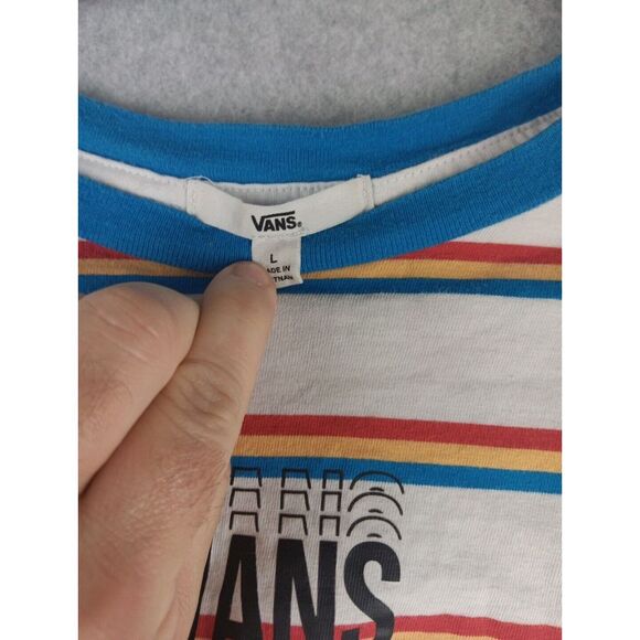 VANS Women's Boxy Striped Cropped T-shirt Red Yellow  Blue White Size L Vtg Logo - Picture 6 of 11